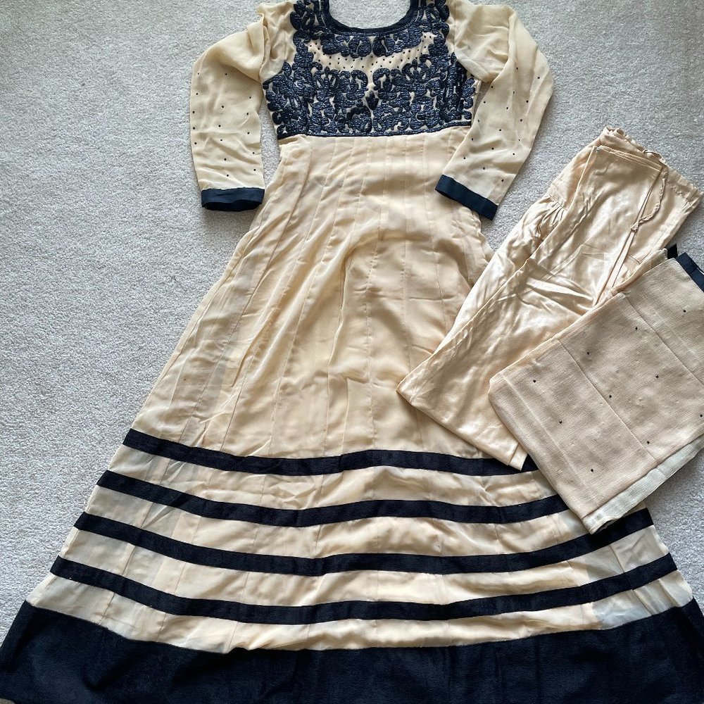 [NEW] Indian Pakistani Anarkali Gown Salwar Ethnic Suit Beige Black XS